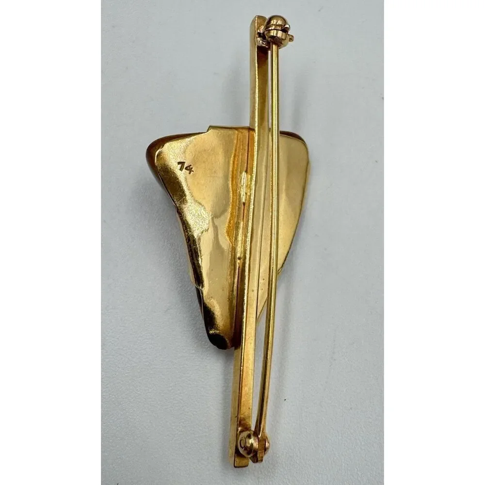 Vintage 14k‎ Yellow Gold Polished Stone Tigers Eye Brooch Pin Estate Jewelry